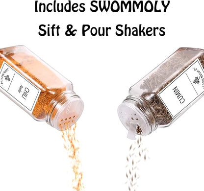 SWOMMOLY 48 Glass Spice Jars with 806 White Spice Labels, Chalk Marker and Funnel Complete Set. Empty Square Spice Bottles 4 oz, Spice Containers with Pour/sift Shaker Lid, Airtight Cap - Image 4