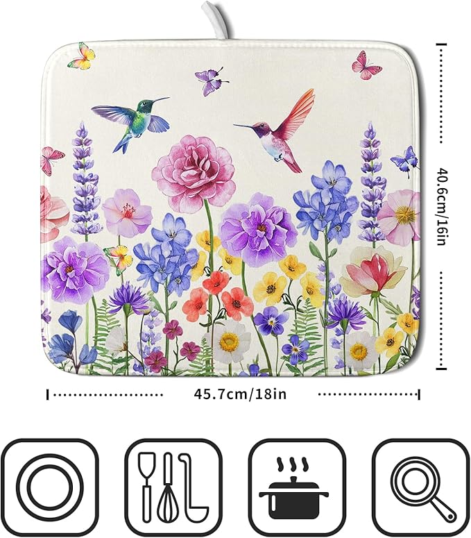 Giwawa Hummingbird Flower Dish Drying Mat 16x18 inch Watercolor Spring Herb Floral Dish Drainer Mats Wildflower Plant Reversible Microfiber Dish Drying Pad for Kitchen Countertop Small Decor