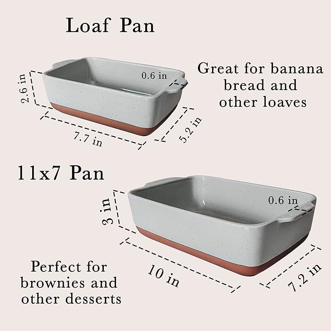 Mora Ceramic Set of 2 Baking Dishes For Casserole, Banana Bread, Brownies, Broiling, Roasting, and Baking. 7x11 in and Loaf Pans - Porcelain Serving Bakeware from Oven to Table. Freezer Safe - Grey - Image 2