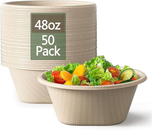 Homestockplus 48 Oz Disposable Bowls - Heavy Duty and Compostable Bowl - Made from Sugarcane and Bamboo Fibers, Microwave Safe - Large Paper Bowl for Soup, Salad, Ramen, Popcorn, etc. [50 Pack] by Homestockplus