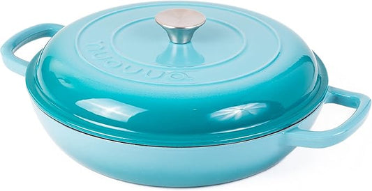 Shallow Cast Iron Casserole with Lid – Non Stick Dutch Oven Pot, Oven Safe up to 500° F – Sturdy Ovenproof Stockpot Cookware – Enamelled Cooking Pot – Blue, 3.7-Quart, 30cm – by Nuovva
