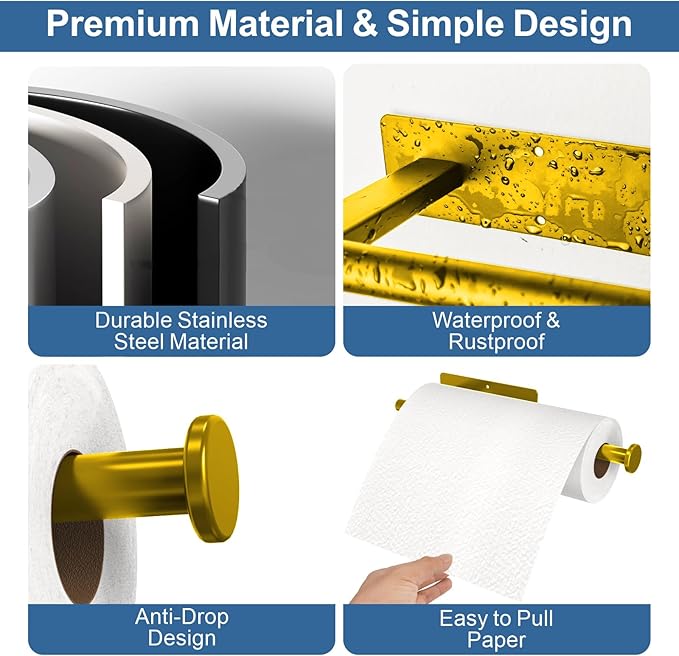 Paper Towel Holder Under Cabinet, Gold Adhesive Paper Towel Holder Wall Mount for Kitchen, Bathroom, RV, Bend-Resistant, Self-Adhesive or Drill mounting, Stainless Steel, 2 Pack - Image 5