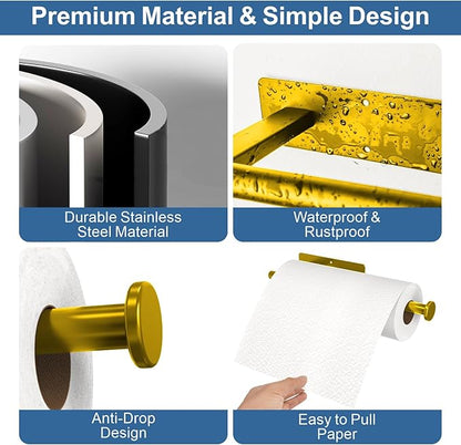 Paper Towel Holder Under Cabinet, Gold Adhesive Paper Towel Holder Wall Mount for Kitchen, Bathroom, RV, Bend-Resistant, Self-Adhesive or Drill mounting, Stainless Steel, 2 Pack - Image 5