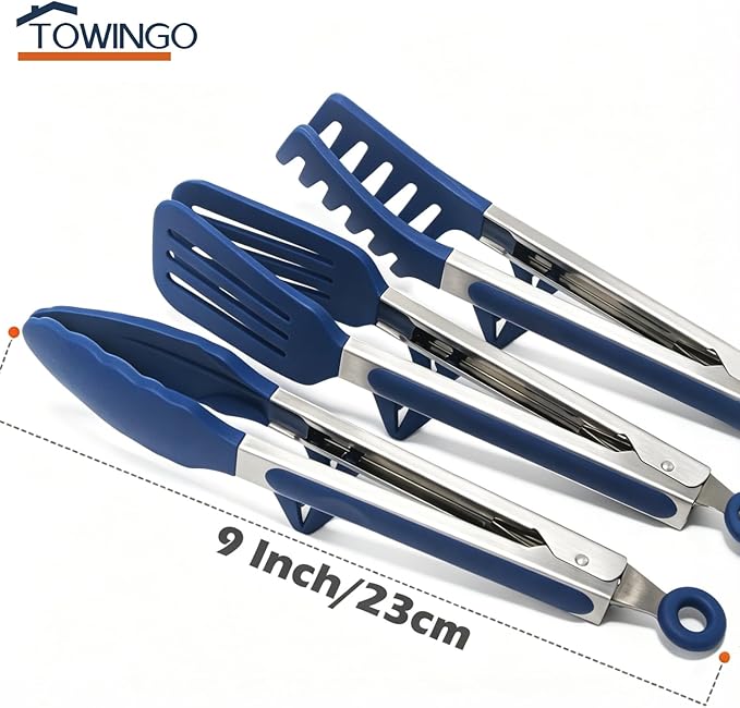 Kitchen Tongs, 9 Inch Tongs for Cooking with Silicone Tips, Food Grade Small Silicone Tongs, Mini Serving Tongs for Nonstick Pans, BBQ, Salad, Set of 3, Blue - Image 5