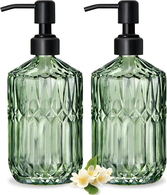 COHOSEGE 17 Oz Green Glass Kitchen Soap Dispenser for Dish Soap, 2 Pack Bathroom Soap Dispenser Set with Black Rust Proof Pump for Lotion, Hand soap or Body Wash by COHOSEGE