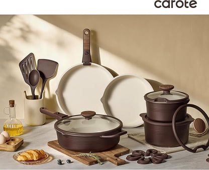 CAROTE 22Pcs Titanium Cookware Set, Pots and Pans Set Non Stick, Kitchen Cooking Set with Detachable Handle, Non Toxic Induction Cookware, Dishwasher/Oven Safe, Browm - Image 8