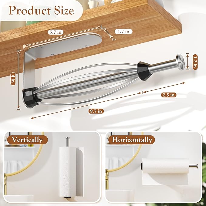 Paper Towel Holder Under Cabinet + Towel Robe Hooks, Single Hand Operable Under Cabinet Paper Towel Holder with Damping Effect Adhesive Wall Mount Paper Towel Rack for Bathroom Kitchen(Silver) - Image 3