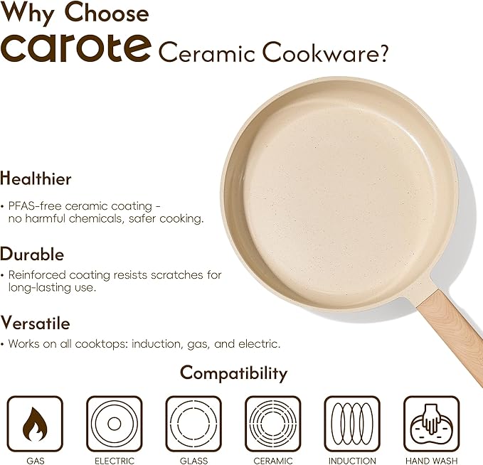 CAROTE 10" Frying Pan Set, Non-Toxic PTFE & PFOA Free Fry Pan & Omelet Pan, Compatible with Induction, Ceramic, Gas Cooktops - Image 8