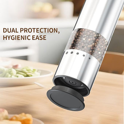Mini Electric Salt and Pepper Grinder Stainless steel, USB Rechargeable, Small Automatic Salt Pepper Mill Grinder, Travel/Outdoor BBQ/Children, One-Button Control,External Adjustable Coarseness
