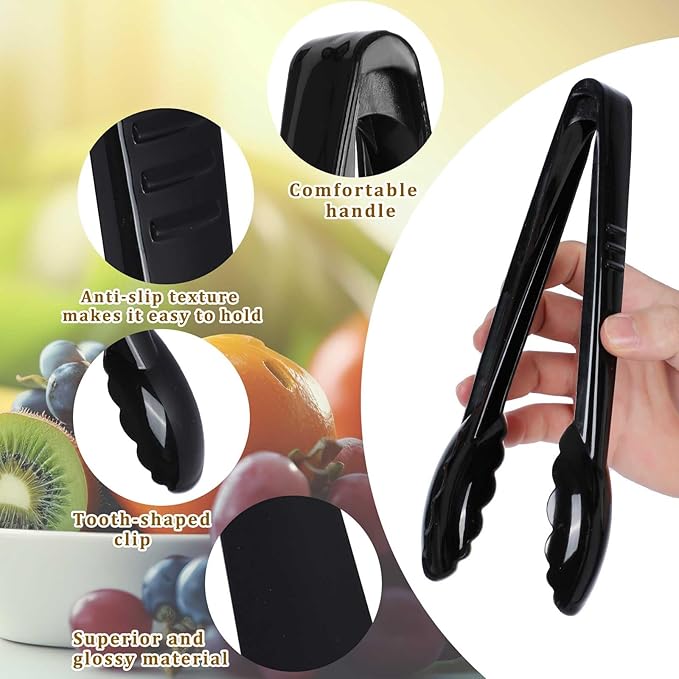 Mwellewm 12 Pc Serving Tongs 9 Inch Bulk Reusable or Disposable Plastic Tongs Heavy Duty Hard Plastic Serving Utensils Set Large Salad Tong for Kitchen Party Food Buffet Appetizer Catering(Black） - Image 7