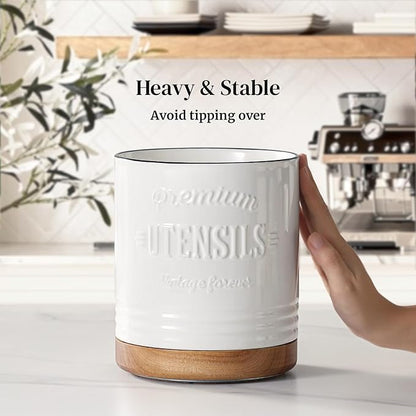 DOWAN 360° Rotating Extra Large Cooking Utensil Holder, 7.6" Kitchen Utensil Holder for Countertop, Utensil Crock for Farmhouse Kitchen Decor, Ceramic Stable Utensil Caddy, White Text - Image 5