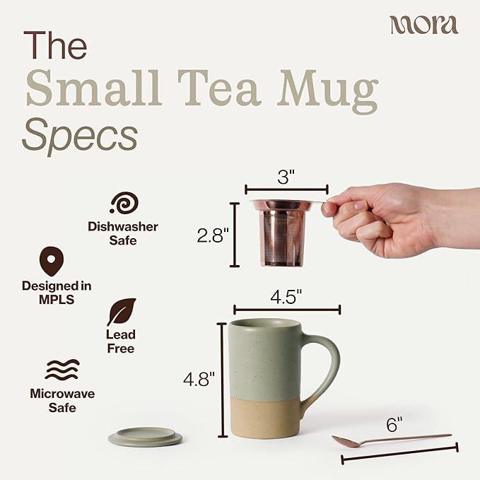 MORA Ceramics Tea Cup with Loose Leaf Infuser, Spoon and Lid, 12 oz, Microwave and Dishwasher Safe Coffee Mug - Rustic Matte Ceramic Glaze, Modern Herbal Tea Strainer - Great Gift for Women, Thyme - Image 2