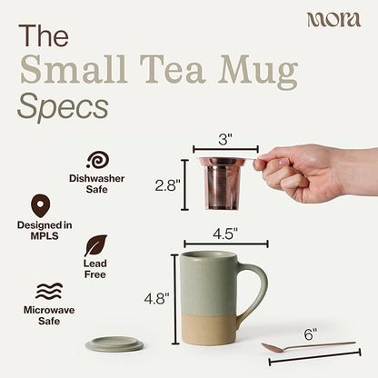 MORA Ceramics Tea Cup with Loose Leaf Infuser, Spoon and Lid, 12 oz, Microwave and Dishwasher Safe Coffee Mug - Rustic Matte Ceramic Glaze, Modern Herbal Tea Strainer - Great Gift for Women, Thyme - Image 2