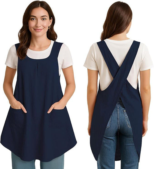Apron for Women with Pocket Cotton Linen, Japanese Cross Back Apron for Gardening Painting