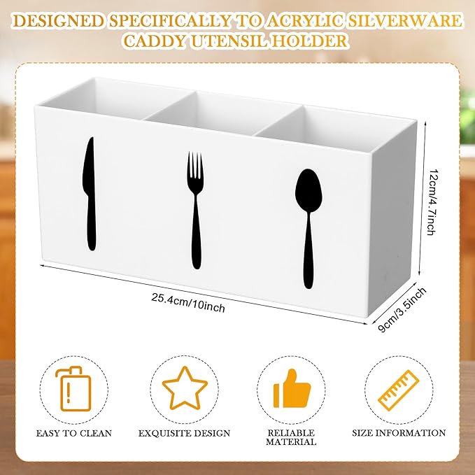 Suzile Acrylic Cutlery Storage Organizer Bin Silverware Caddy Countertop Knife Spoon and Fork Holder Kitchen 3 Section Tableware Storage Box for Cabinet Indoor Home Flatware Dining Room(White,L) - Image 2