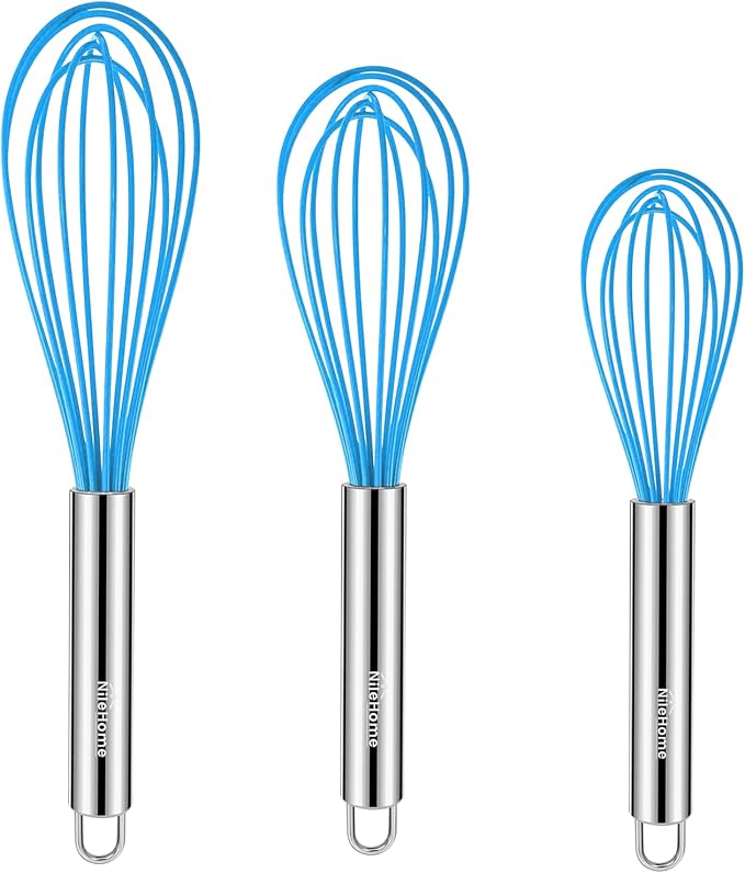 NileHome Whisk Commercial Stainless Steel wisk & Silicone Non-Stick Coated Small Whisk Set 8" 10" 12" Kitchen Wisk Wire Whisks for Cooking 3 Pack, Bule by NileHome