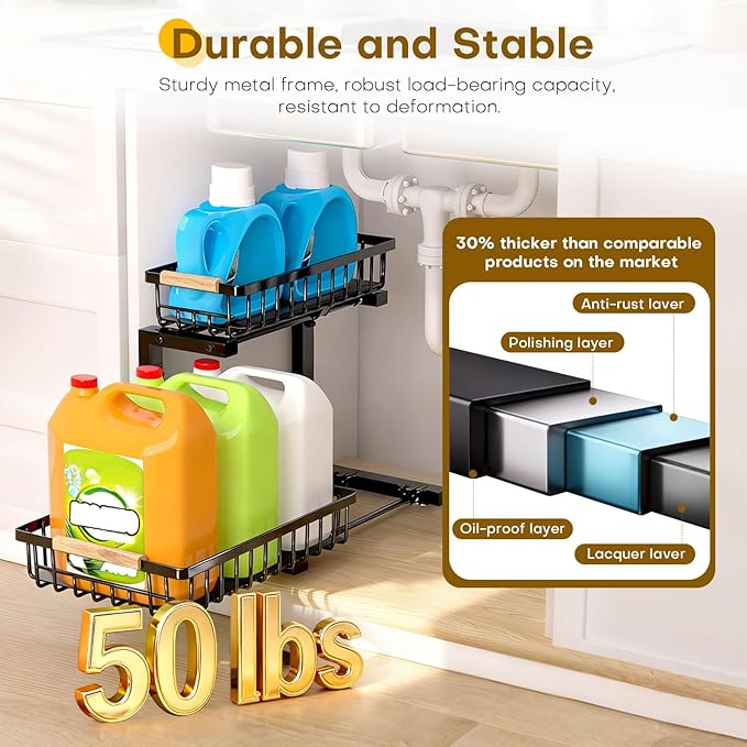 Under Sink Organizer, Heavy-Duty & Rust-Resistant Carbon Steel Metal, 2 Tier Pull Out Under Bathroom Sink Storage, Adjustable Height (13.8" -16.9"), Organizer for Kitchen Cabinet(2PCS,Black) - Image 4