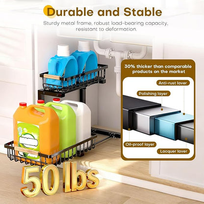 Under Sink Organizer, Heavy-Duty & Rust-Resistant Carbon Steel Metal, 2 Tier Pull Out Under Bathroom Sink Storage, Adjustable Height (13.8" -16.9"), Organizer for Kitchen Cabinet(2PCS,Black) - Image 4