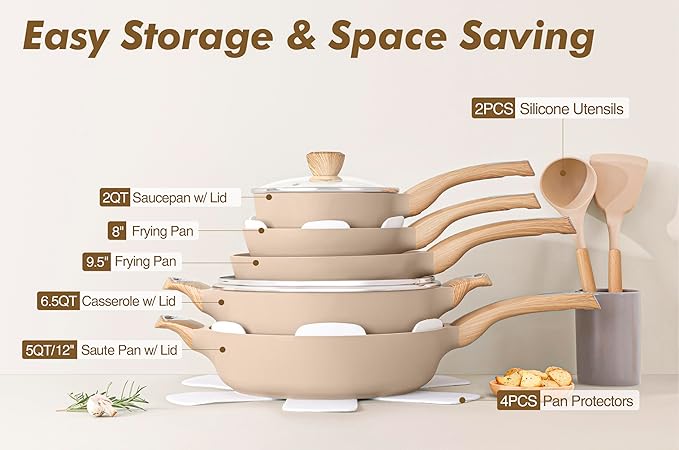 SENSARTE Ceramic Pots and Pans Set Nonstick, Kitchen Cookware Sets, 14-Piece Induction Cookware, Non-toxic Healthy Non Stick Cooking Set, with Frying Pans Set, PFAS PTFE PFOA PFOS Free - Image 3