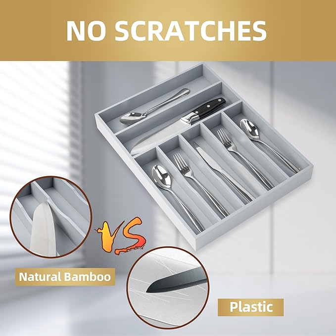 Besilord Silverware Organizer 13 Inch Gray Bamboo Kitchen Drawer Organizer 7 Slots Utensil Organizer Silverware Holder Cutlery Organizer Flatware Tray (Large) - Image 3