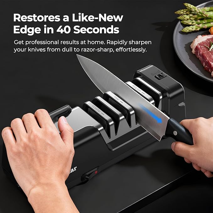 Electric Knife Sharpener, Precise 20° Diamond Knife Sharpener for Kitchen Knives, Quick Repairing in 40 Seconds, with Metal Dust Collection Box & Special Port for Scissors, Black - Image 3