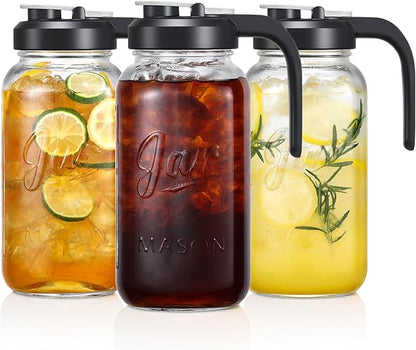 Glass Pitcher with Lid - 2 Quart Mason Jar Pitcher with Filter Lid, Wide Mouth Jar Leak-proof Water Jug, Heavy Duty Container for Water, Juice, Milk, Tea, Iced Coffee, and Drinks - Set of 3 by AOZITA