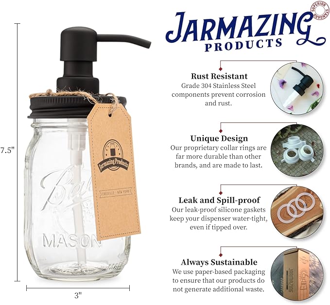 Jarmazing Products Mason Jar Soap Dispenser - Black - with 16 Ounce Ball Mason Jar - Made from Rust Proof Stainless Steel - Two Pack - Image 2