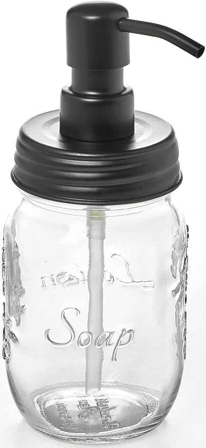 Mason Jar Soap and/or Lotion Dispenser with Gloss Black Dispenser Pump and Non Slip Coaster for Hand Sanitizer, Liquid Soap or Hand/Body Lotion (Gloss Black, Single 16oz)