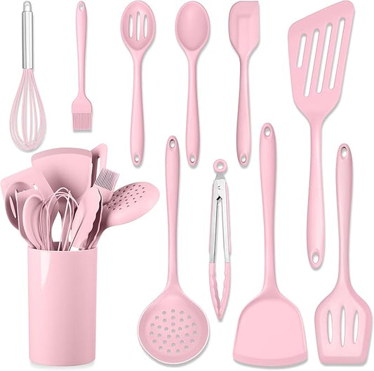 HaWare 11 PCS Silicone Cooking Utensils Set, Heat Resistant Kitchen Utensils with Holder, Food-grade Spatula Sets for Nonstick Cookware, Kitchen Tools Gadgets Include Fish Turner, Spoon (Pink) by HaWare