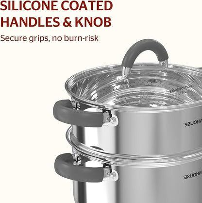 SUNHOUSE 3 Quarts Steamer Pots With Lid, 2-Tier Multipurpose Stainless Steel Steaming Pot Cookware With Stay-Cool Handles, Tri-ply Bottom, Compatible with All Cooktops - Image 4