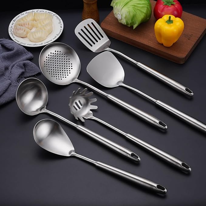 18/10 Stainless Steel Kitchen Utensils Set, 6 PCS All Metal Professional Cooking Utensils, 15" Long Kitchen Tools - Spatula, Ladle, Skimmer Spoon, Pasta Serve, Large Spoon, Slotted Spatula Tunner - Image 6