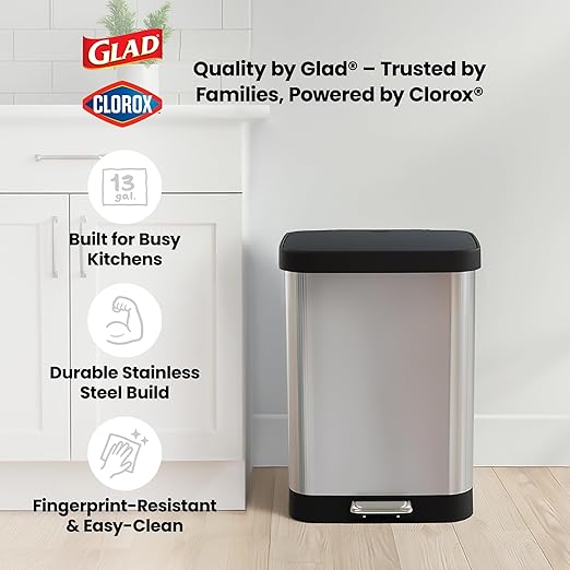 Glad GLD-74506 Stainless Steel Step Trash Can with Clorox Odor Protection | Large Metal Kitchen Garbage Bin with Soft Close Lid, Foot Pedal and Waste Bag Roll Holder, 13 Gallon, Stainless - Image 8