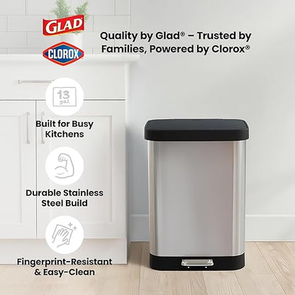 Glad GLD-74506 Stainless Steel Step Trash Can with Clorox Odor Protection | Large Metal Kitchen Garbage Bin with Soft Close Lid, Foot Pedal and Waste Bag Roll Holder, 13 Gallon, Stainless - Image 8