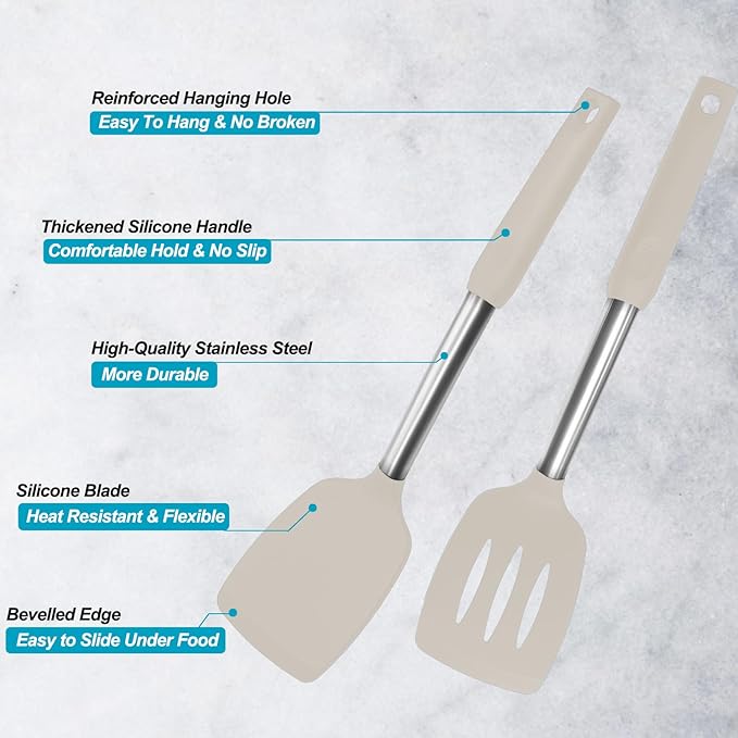 2 Pack Spatulas, Solid & Slotted Silicone Spatula Set, Stainless Steel Handle Coated with Silicone, Non Stick Turners, Heat Resistant Rubber Spatulas for Fish, Eggs, Pancakes, Khaki - Image 3