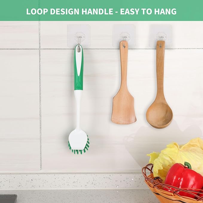Dish Brush with Handle, 2 Pack Scrub Brushes with Built-in Scraper for Cleaning Kitchen, Pots, Pans and Sink, Scrubber Washing Tools, Green - Image 6