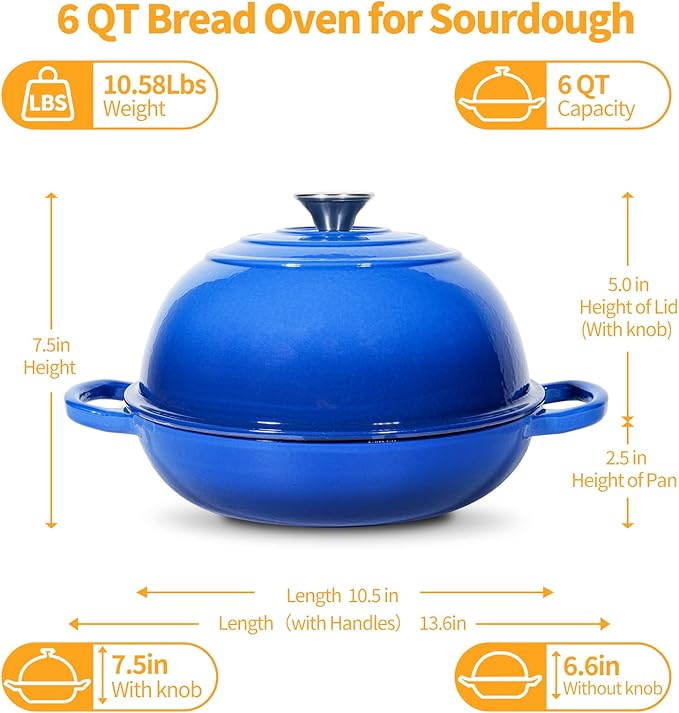 Mini Double Dutch Oven For Sourdough Bread Baking, 6QT Enameled Cast Iron Dutch Oven Pot With Lid, Non Stick Dual Round Bread Loaf Pan, 500°F Oven Safe, Sourdough Baking Pan For Homemade Baking