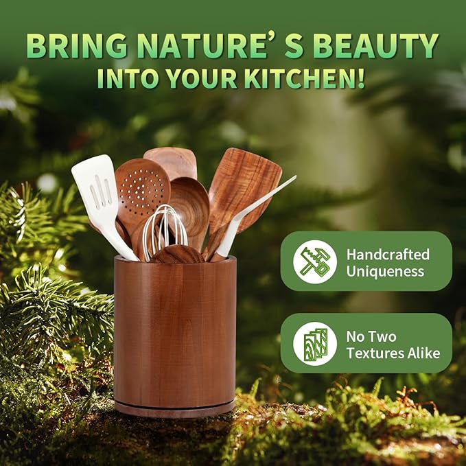 Wooden Utensil Holder, 360°Rotating 7.3'' Large Utensil Holder for Kitchen Counter, Kitchen Utensil Organizer, Utensil Crock, Farmhouse Kitchens Countertop Decor, Walnut-finish - Image 7