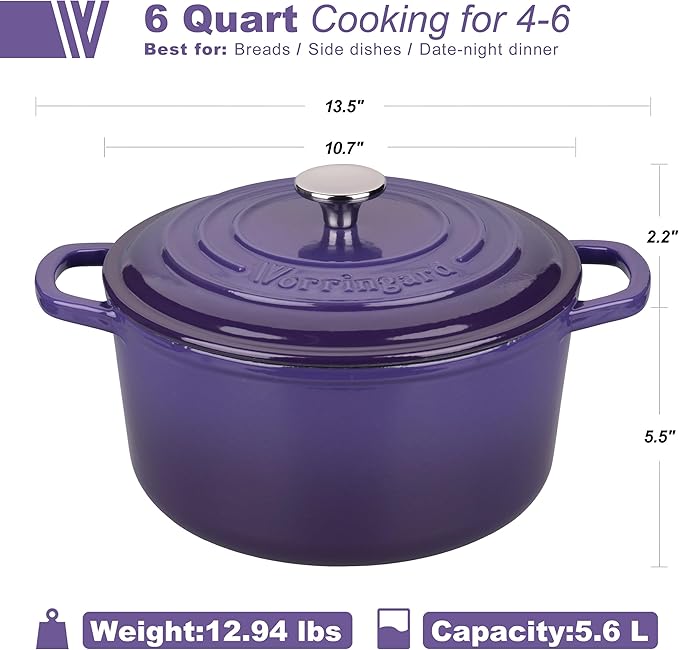 VORRINGARD Enameled Cast Iron Dutch Oven Pot with Lid, for Sourdough Bread Baking, Round Dutch Ovens, 6 Quart, Purple - Image 2