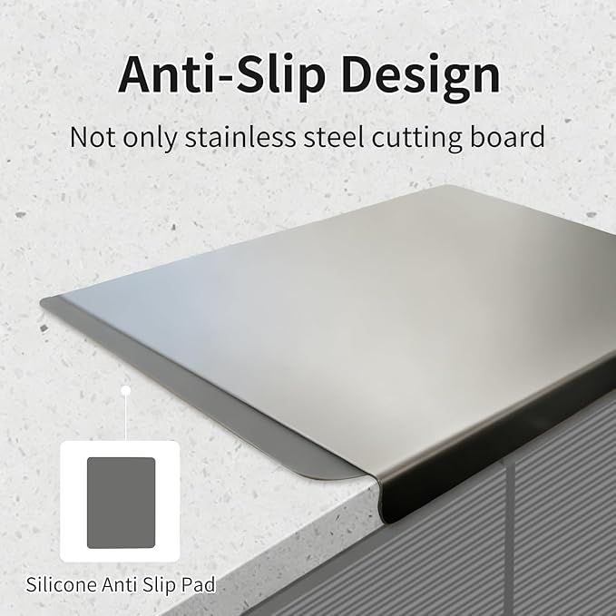 Large Stainless Steel Cutting Boards for Kitchen, Chopping Boards with Grey Non-slip Mat, Cutting Board with Counter Lip for Meat, Fruits, Vegetables, Bread,Dough(15.75" × 11.81")
