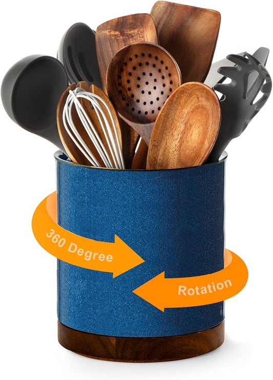 Nucookery 360°Rotating Utensil Holder, 7.2" Large Utensil Crock, White Ceramic Cooking Utensil Organizer,Farmhouse Kitchen Decor Christmas Thanksgiving Gift (Royal blue) by Nucookery