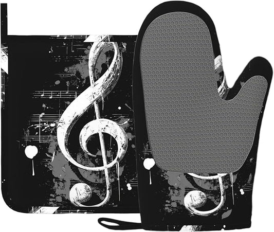 Black Notes Oven Mitts and Pot Holders Sets Non-Slip Silicone Surface for BBQ Gloves,Kitchen,Cooking,Baking,Grilling,BBQ