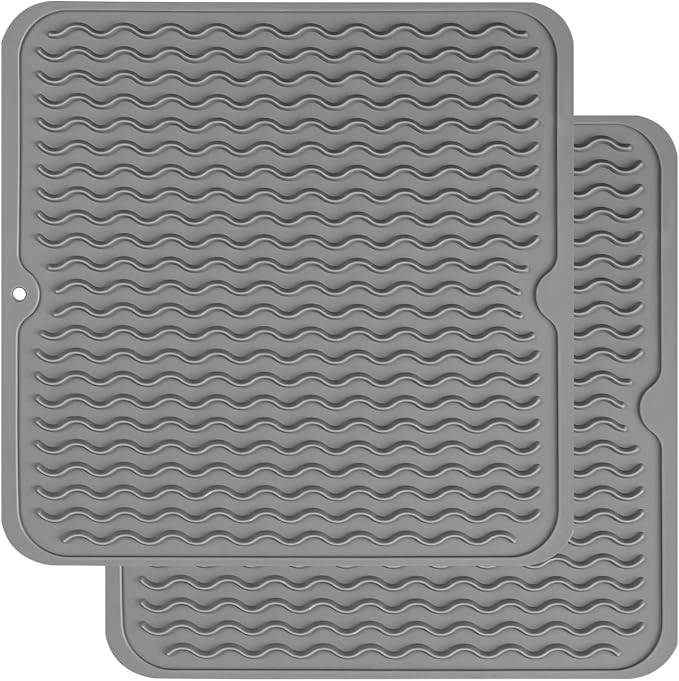 ZLR 2 Pcs Silicone Dish Drying Mat 12" x 12" Square - Small Heat Resistant Trivet & Countertop Protector for Air Fryer, Coffee Maker - Waterproof Kitchen Drain Pad for Cups, Fruit (Dark Gray) by ZLR
