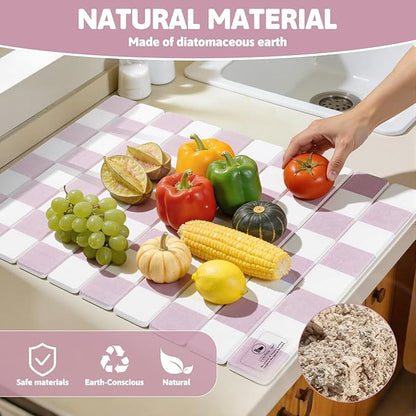 Yamaziot Large Stone Drying Mat for Kitchen Counter, 15.3"x24" Foldable Ultra Absorbent Stone Drying Mat, Quick-Dry Diatomaceous Earth Mat, Non-Slip Heat Resistant Mat for Dishes, Cups, Bottles, Pink