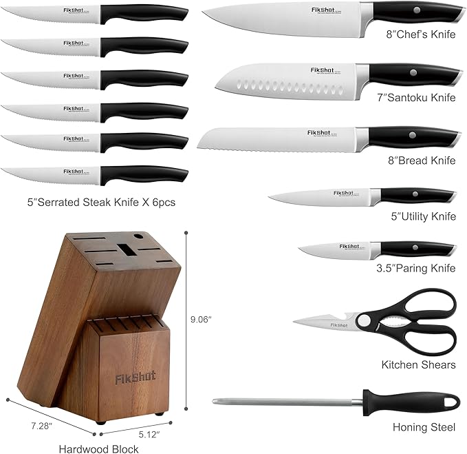 Fikshot Knife Set – German Stainless Steel, Ultra-Sharp, 14-Piece with Knife Block & Sharpener, Full Tang Black Handle, Rust-Resistant, Dishwasher-Safe for Kitchens, Gift for Chefs