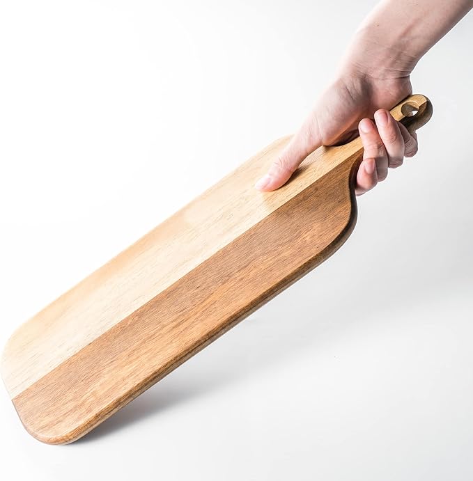 BILL.F Acacia Wood Cutting Board with Handle Small Size Long Wooden Charcuterie Board Paddle Cheese Board Serving Boards for Kitchen Meat, Pizza,Cheese, Bread, Vegetables &Fruits 16'' x 4.7'' x 0.6'' - Image 3