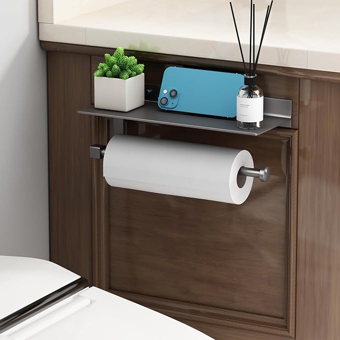 Danpoo Kitchen Paper Towel Holder with Shelf Wall Mount, Adhesive Hand Towel Holder for Bathroom, Matte Grey - Image 6