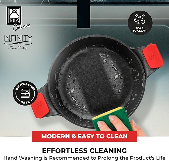 BRA COOKWARE Infinity Dual-Handled Sauté Pan w/Glass Lid | 11-Inch 2.95-Quart Shallow Stock Pot | Nonstick Cast Aluminum Everyday Chef Pan | PFAS Free Rondeau Pot | All Cooktops incl. Induction