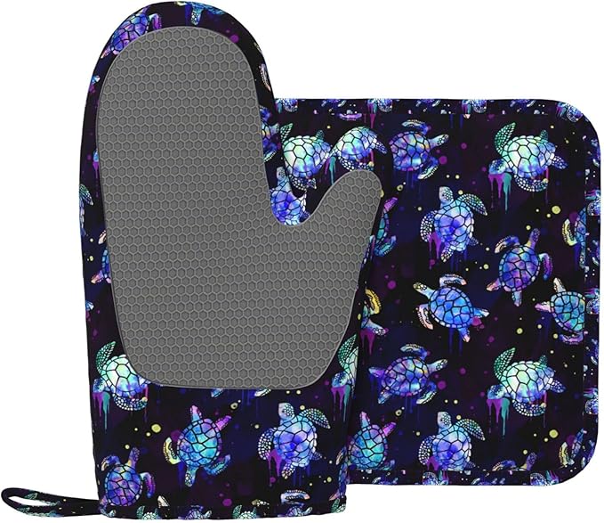 Sea Turtle Oven Mitts and Pot Holders Set - Heat Resistant, Non-Slip Silicone Kitchen Gloves for Cooking, Baking, Grilling, BBQ - Waterproof & Easy Clean Kitchen Accessories