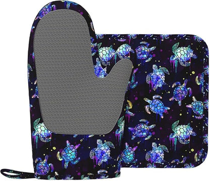 Sea Turtle Oven Mitts and Pot Holders Set - Heat Resistant, Non-Slip Silicone Kitchen Gloves for Cooking, Baking, Grilling, BBQ - Waterproof & Easy Clean Kitchen Accessories