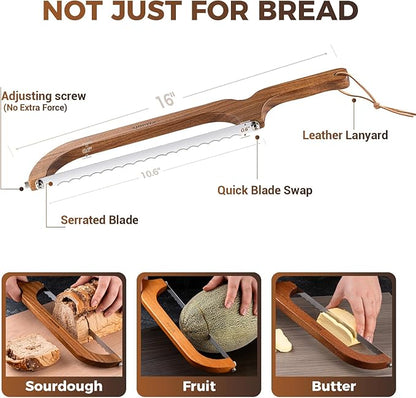 Sourdough bread knife,Bread Slicer for Homemade Bread,Adjustable blade tightness for Even Slicing, Serrated knife,Wooden Bread cutter with Bow Design (3, Red-brown color)